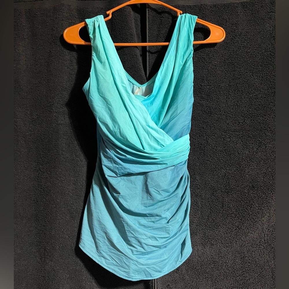 Lands' End Blue Asymmetrical Ruched Swimsuit